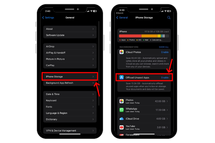 Enable Offload Unused Apps on iPhone via Settings