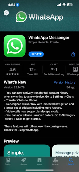 WhatsApp for iOS changelog from the App Store
