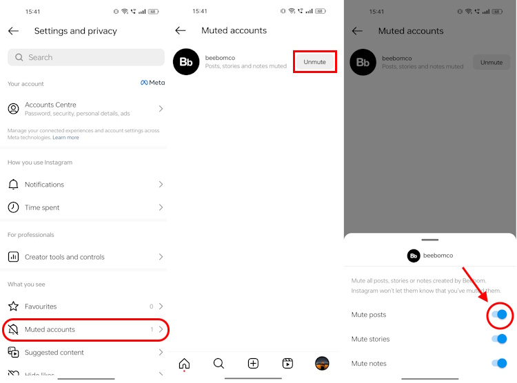 Toggle on mute feature on Instagram from muted accounts list