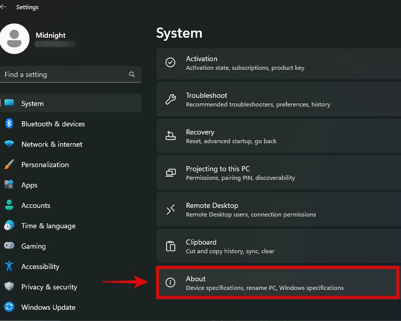 Going to About section under System Options in Windows 11 Settings