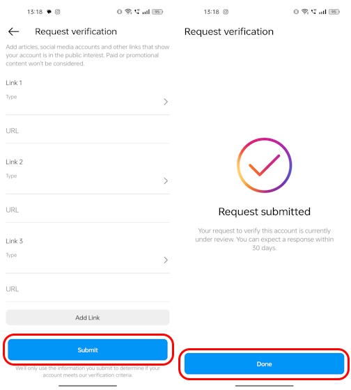 Instagram verification submission form
