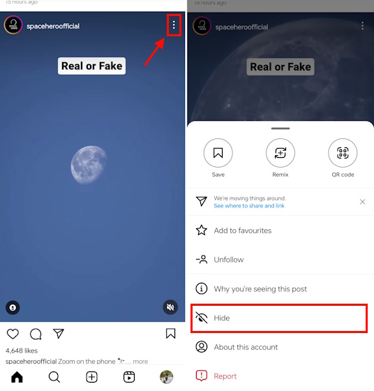 Hide button to mute someone directly from feed on Instagram