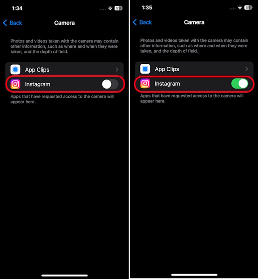 Allowing Instagram access to camera on iPhone