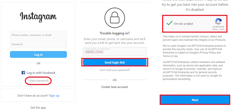 Sending login link to mail ID to reset Instagram password