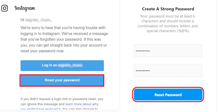 Resetting password on Instagram web