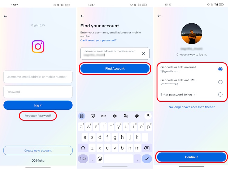 Finding account and sending password reset link on Instagram mobile