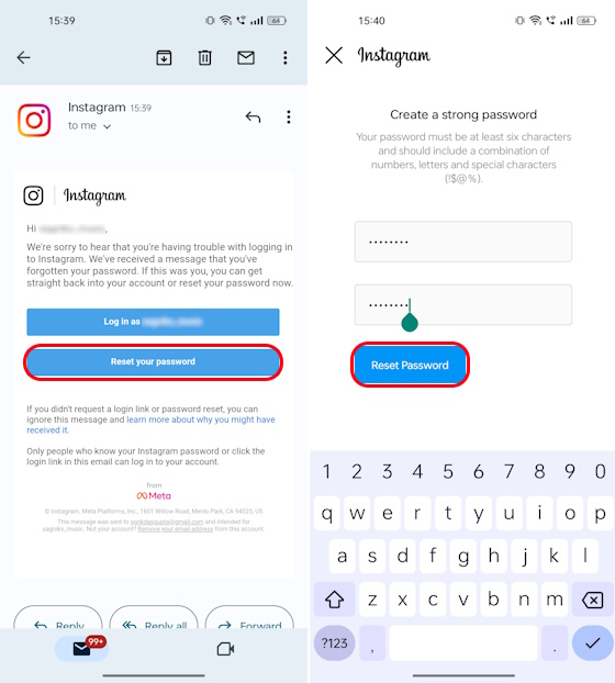 Setting up a strong password on Instagram mobile version