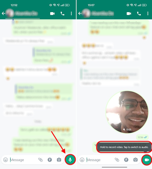 Tap on voice note icon to shift to video mode on WhatsApp