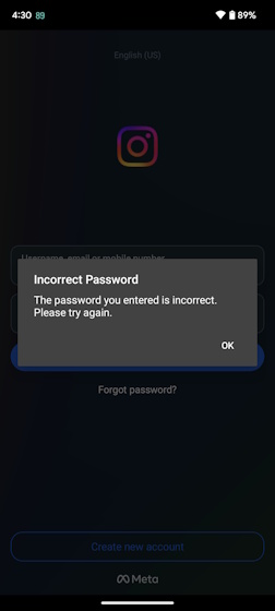 Incorrect password message on Instagram