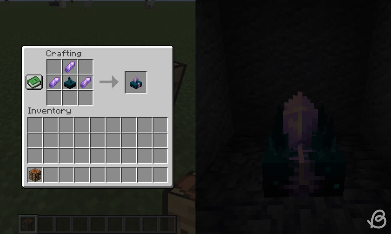 Calibrated sculk sensor in a dark room and its crafting recipe