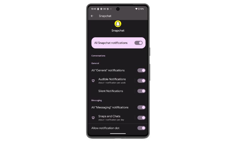 Manage Snapchat notifications on Pixel 7 Pro 