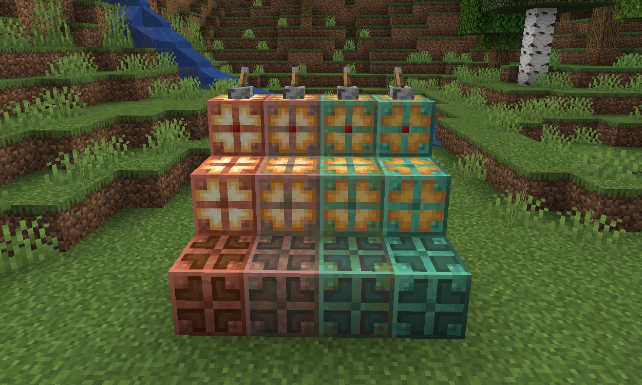 Copper bulbs in various oxidation stages and states in Minecraft 1.21