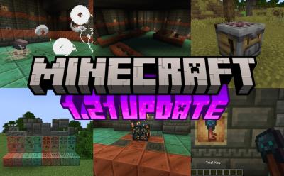 Most of the Minecraft 1.21 features side by side with the large Minecraft 1.21 text in the center