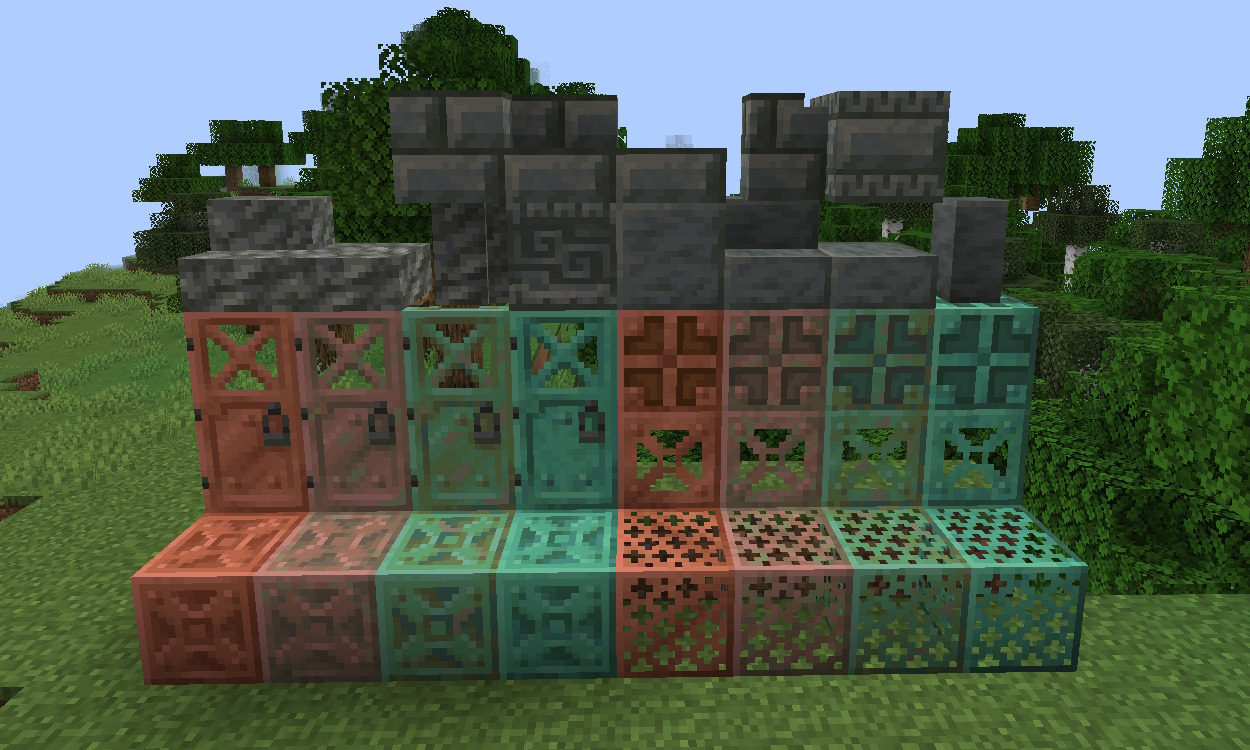 New building and decorative copper and tuff blocks arranged together 