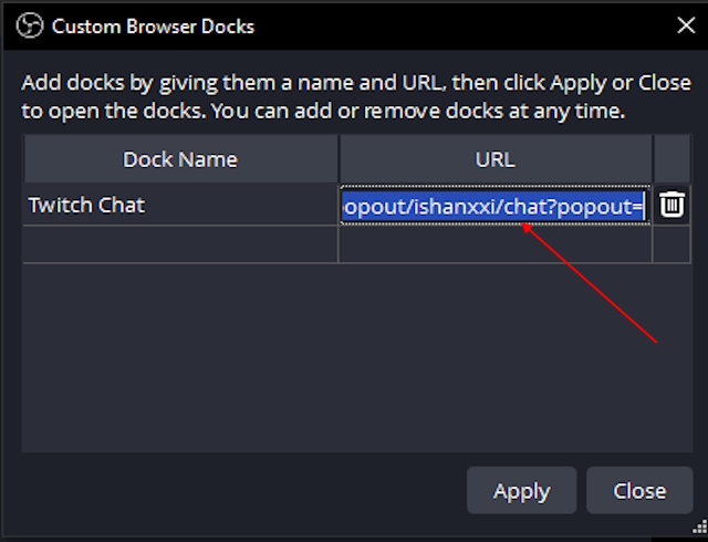 Adding chat screen on OBS custom docks menu