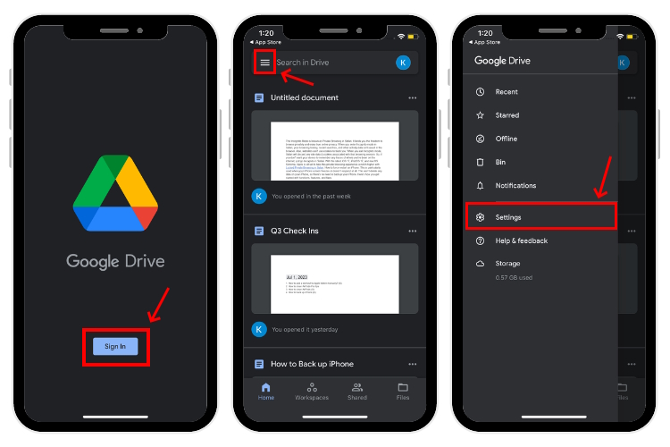 Open Google Drive on iPhone and go to Settings