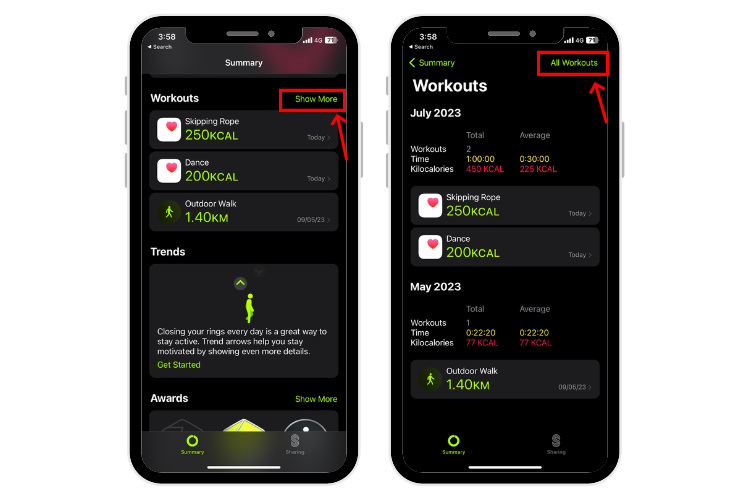 All workouts on iPhone Health app
