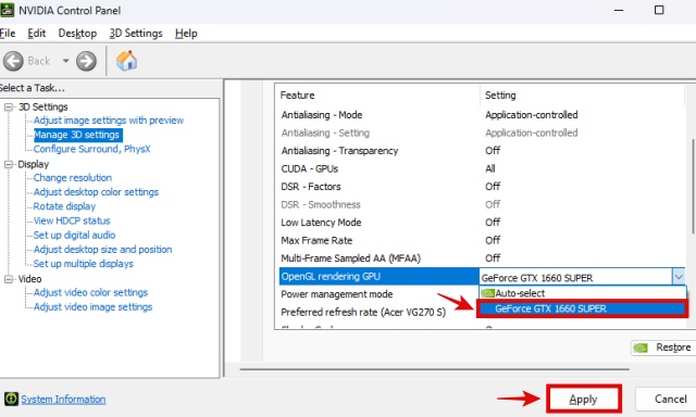 Selecting OpenGL Rendering GPU in NVIDIA Control Panel