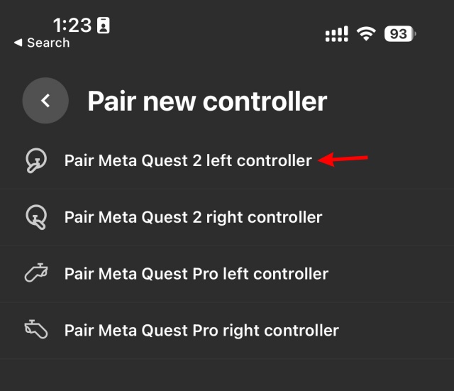 A screenshot from the Meta quest app showing the left controller 