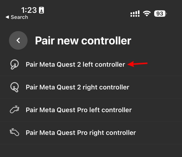 A screenshot from the Meta quest app showing the left controller