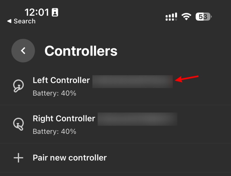 A screenshot showing the controller pair options 