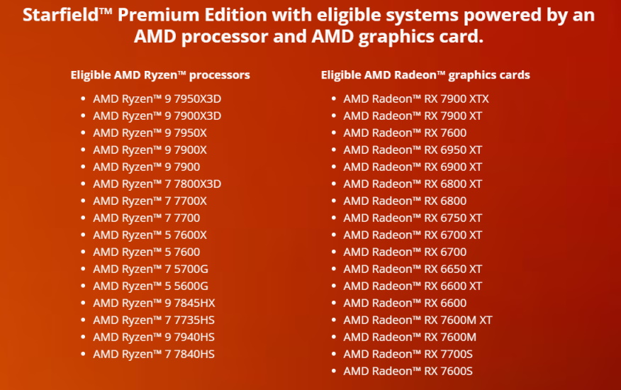 Starfield Premium Edition eligible AMD processor and GPUs