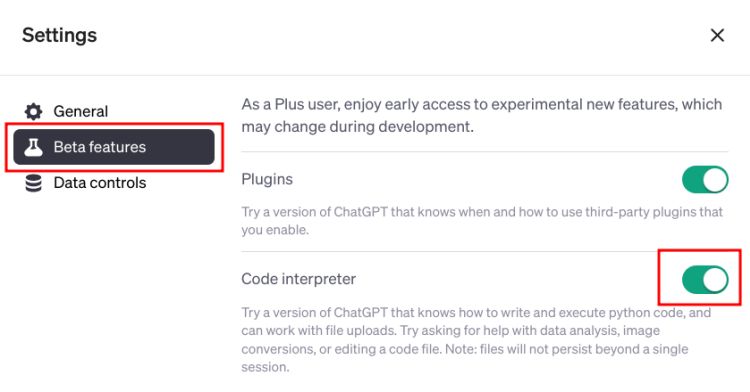 enable code interpreter from chatgpt settings