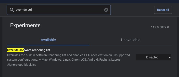 Override Software Rendering List chrome flag