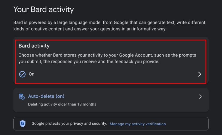 Stop Saving Google Bard Activity Permanently