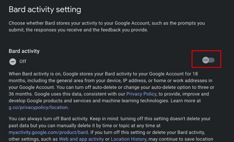 turn off the “Bard activity” toggle