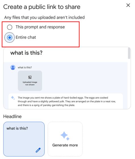 choose entire chat for sharing in google bard