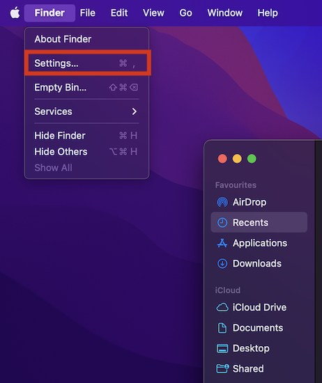 Settings from Finder menu