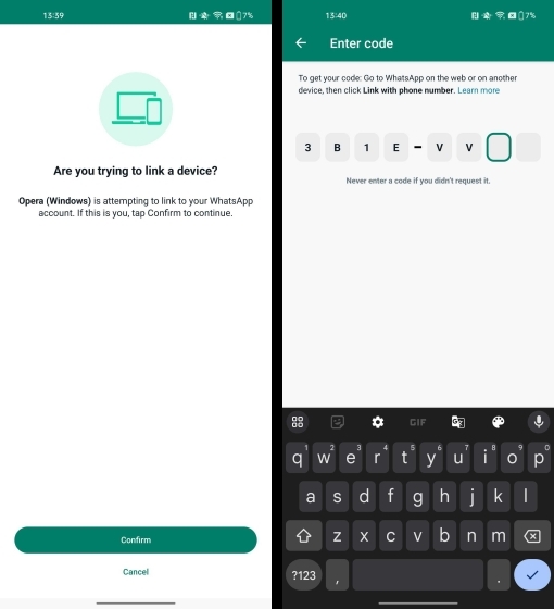 enter code on WhatsApp on phone number