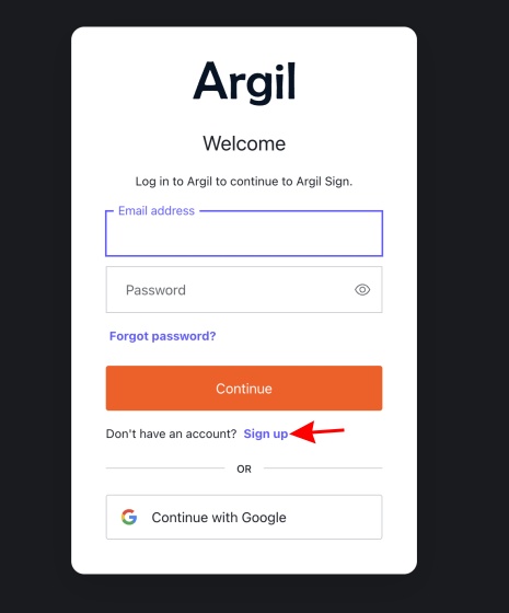 A screenshot showing the sign up page for Argil Ai 