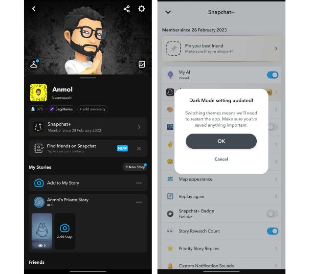 Dark mode on Snapchat Plus
