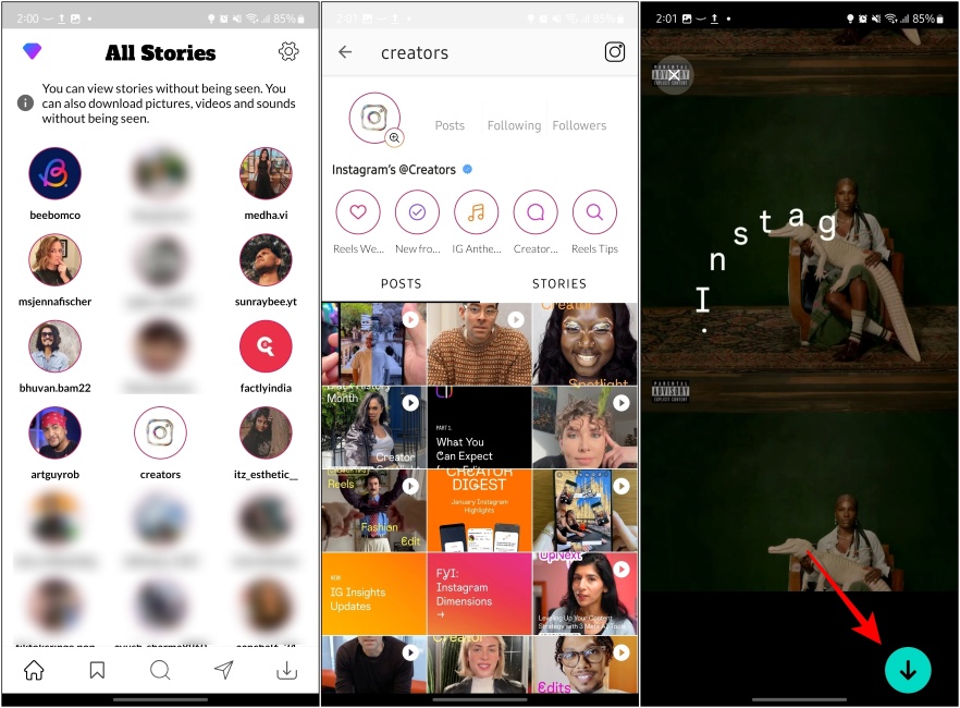 StorySaver App showing process to download stories from Instagram