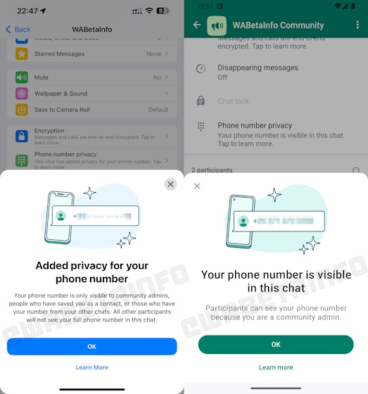 The upcoming Phone Number Visibility feature for WhatsApp Communities is showcased here