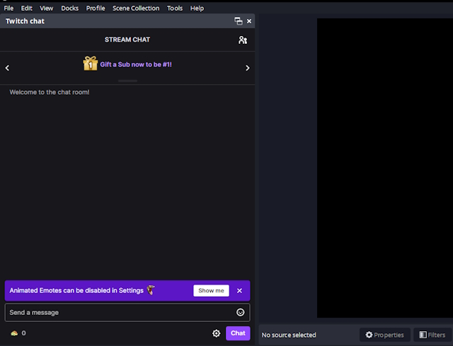 Twitch chat dock in OBS screen