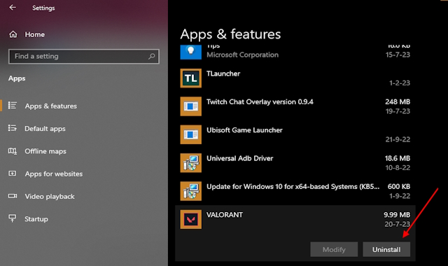Uninstall Valorant from apps in Windows
