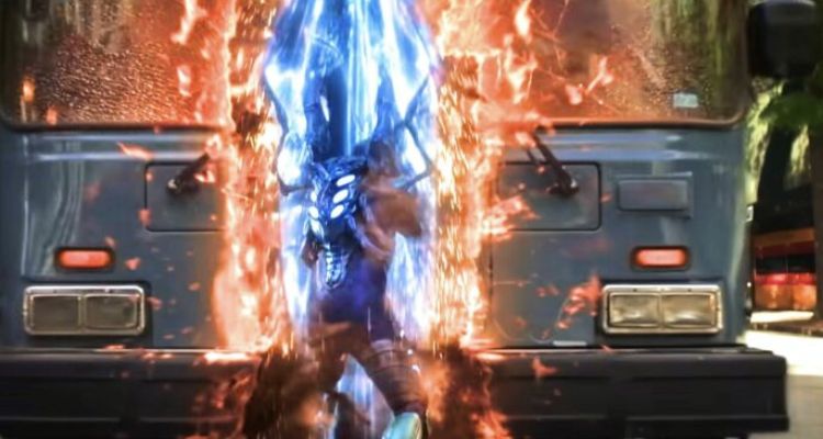 Blue beetle cut a bus in half