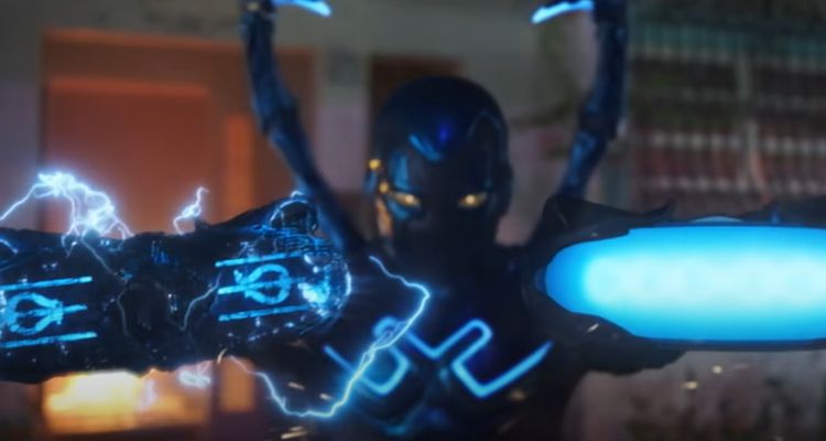 Blue Beetle using laser blasters