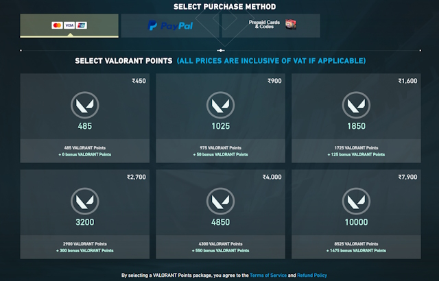 Valorant points purchase section