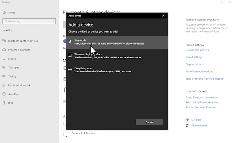 Select Bluetooth from settings in Windows 10