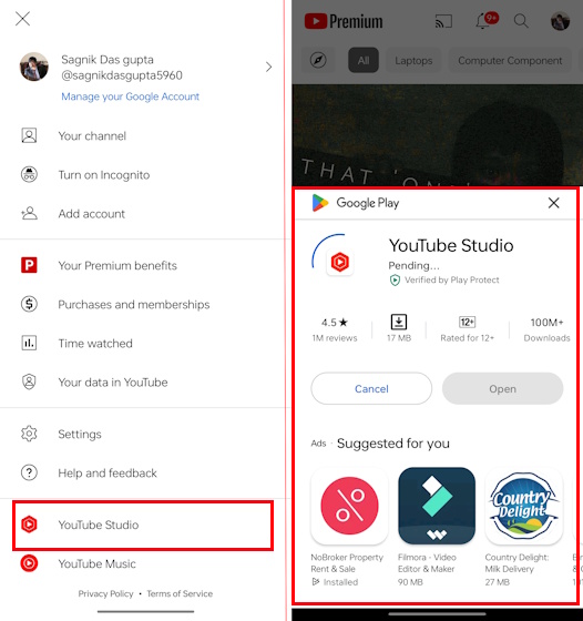 YouTube Studio integration within YouTube Mobile