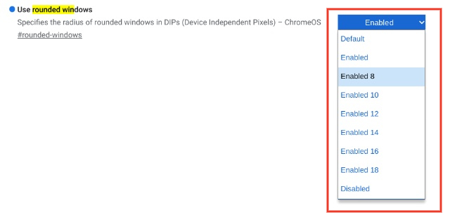 choose rounded corner radius in chromeOS