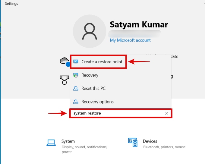 accessing system restore in windows 10