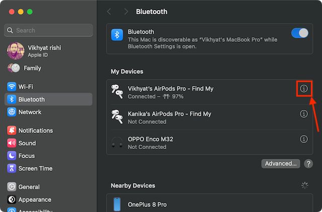 My Devices in Bluetooth settings on Mac