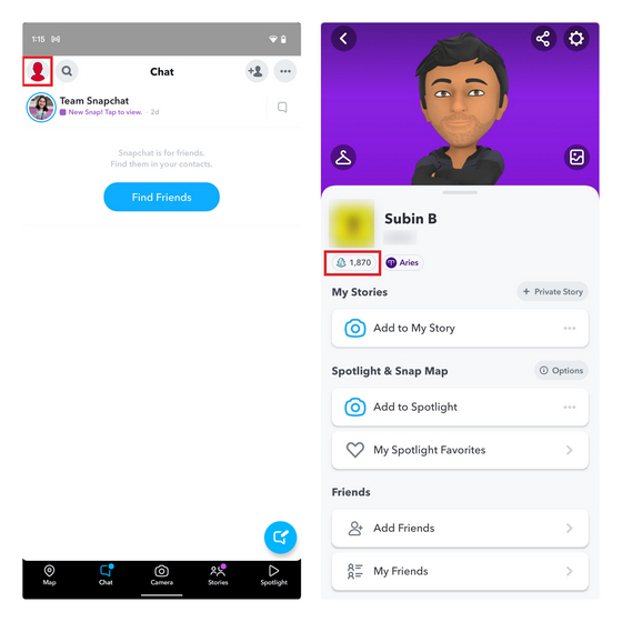 View snapchat score change