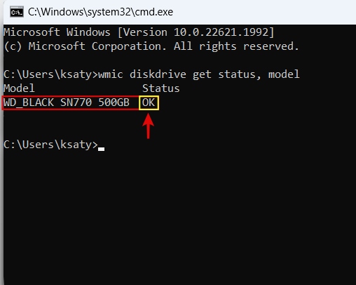 verifying drive health through the WMIC command in Command Prompt of Windows 11