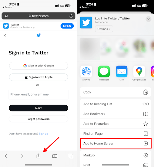 click on share button in safari and then add to homescreen to add twitter pwa